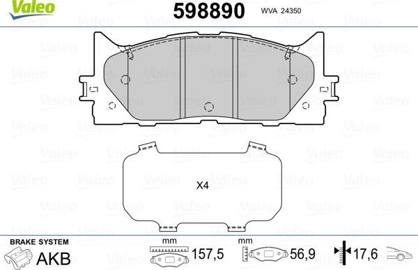 Valeo 598890 - Kit pastiglie freno, Freno a disco autozon.pro