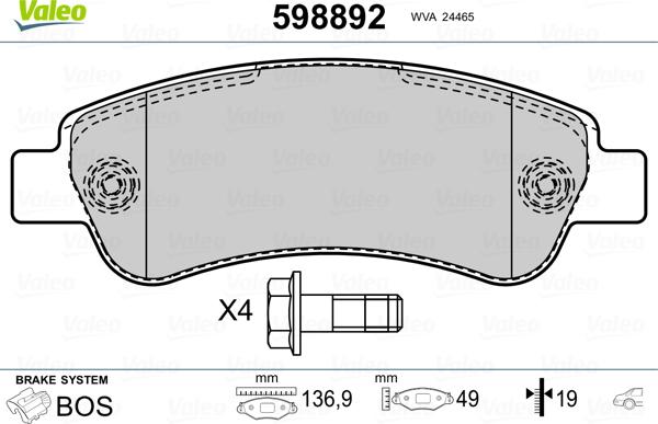 Valeo 598892 - Kit pastiglie freno, Freno a disco autozon.pro