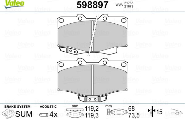 Valeo 598897 - Kit pastiglie freno, Freno a disco autozon.pro