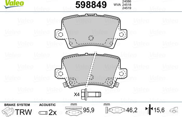 Valeo 598849 - Kit pastiglie freno, Freno a disco autozon.pro