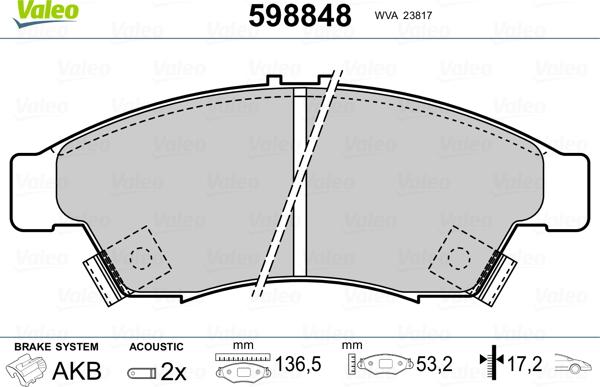 Valeo 598848 - Kit pastiglie freno, Freno a disco autozon.pro