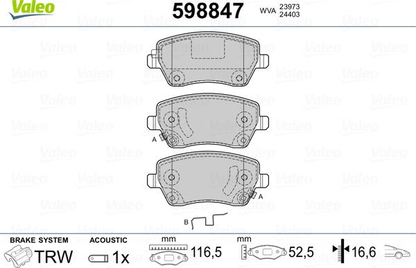 Valeo 598847 - Kit pastiglie freno, Freno a disco autozon.pro