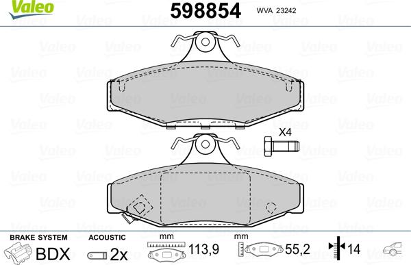 Valeo 598854 - Kit pastiglie freno, Freno a disco autozon.pro