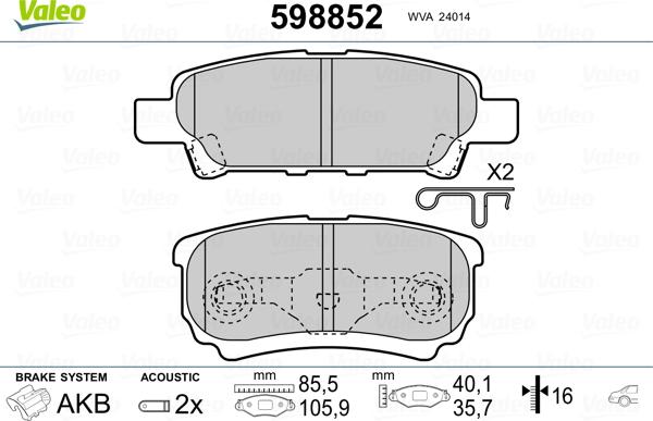 Valeo 598852 - Kit pastiglie freno, Freno a disco autozon.pro