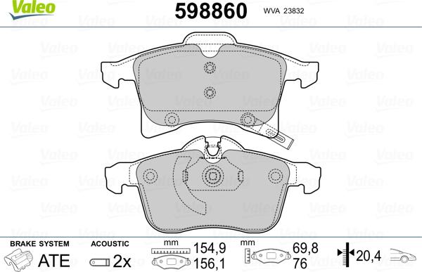 Valeo 598860 - Kit pastiglie freno, Freno a disco autozon.pro