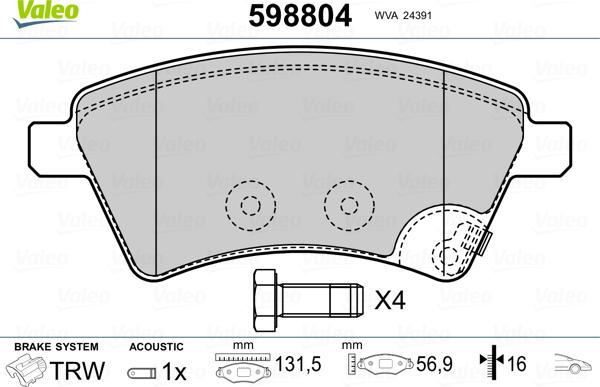 Valeo 598804 - Kit pastiglie freno, Freno a disco autozon.pro