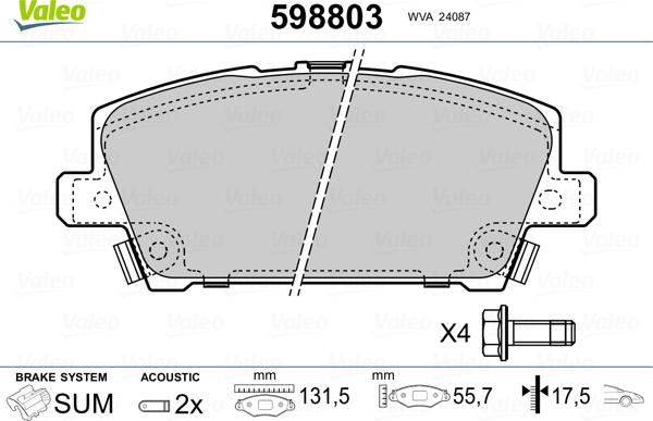 Valeo 598803 - Kit pastiglie freno, Freno a disco autozon.pro