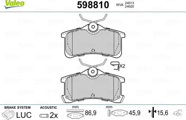 Valeo 598810 - Kit pastiglie freno, Freno a disco autozon.pro