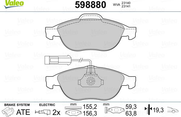 Valeo 598880 - Kit pastiglie freno, Freno a disco autozon.pro