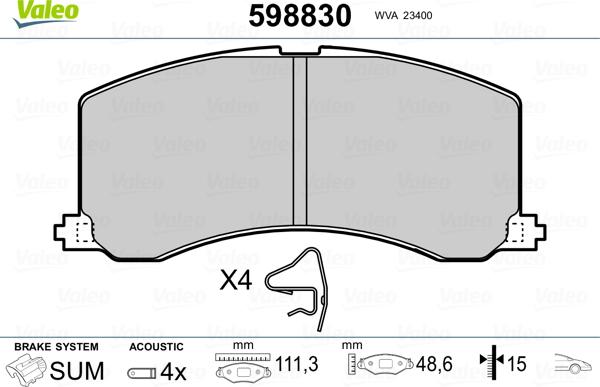 Valeo 598830 - Kit pastiglie freno, Freno a disco autozon.pro