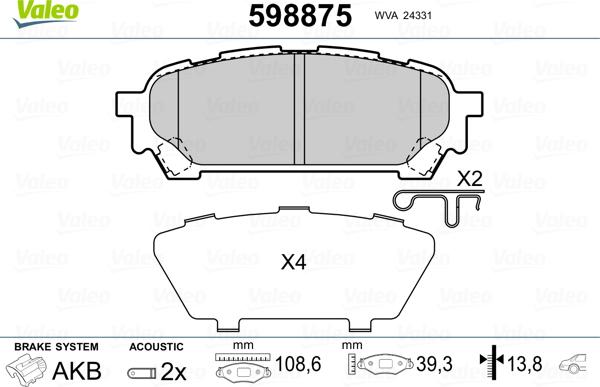 Valeo 598875 - Kit pastiglie freno, Freno a disco autozon.pro