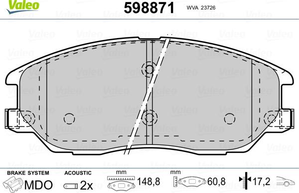 Valeo 598871 - Kit pastiglie freno, Freno a disco autozon.pro