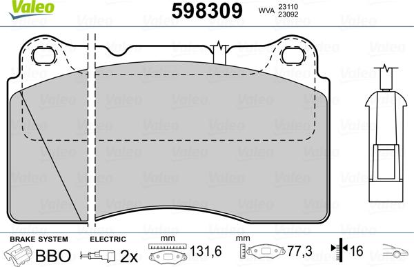 Valeo 598309 - Kit pastiglie freno, Freno a disco autozon.pro