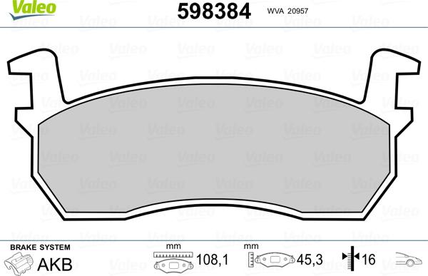 Valeo 598384 - Kit pastiglie freno, Freno a disco autozon.pro