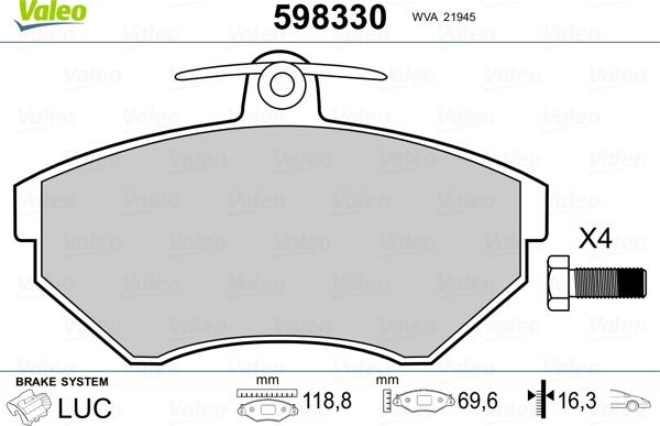 Valeo 598330 - Kit pastiglie freno, Freno a disco autozon.pro