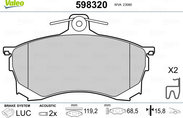 Valeo 598320 - Kit pastiglie freno, Freno a disco autozon.pro