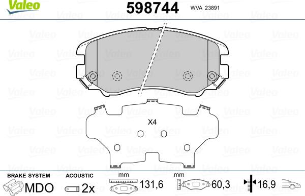 Valeo 598744 - Kit pastiglie freno, Freno a disco autozon.pro