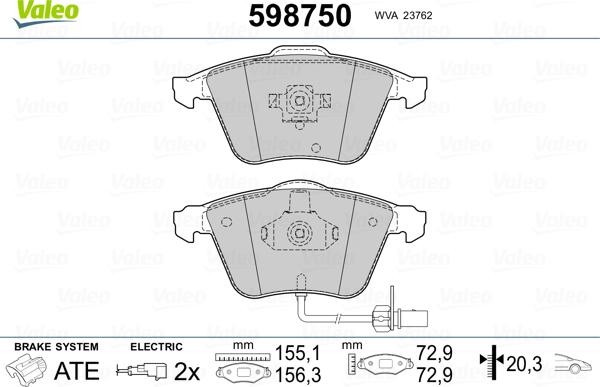 Valeo 598750 - Kit pastiglie freno, Freno a disco autozon.pro