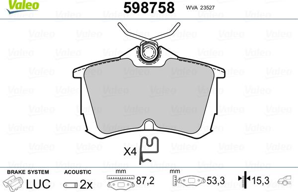 Valeo 598758 - Kit pastiglie freno, Freno a disco autozon.pro