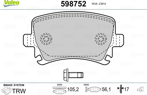 Valeo 598752 - Kit pastiglie freno, Freno a disco autozon.pro