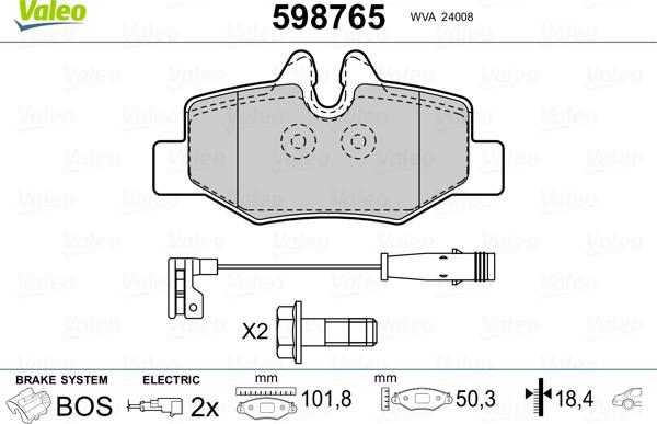 Valeo 598765 - Kit pastiglie freno, Freno a disco autozon.pro