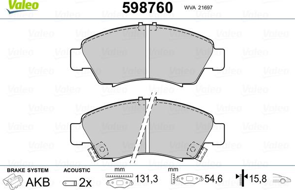 Valeo 598760 - Kit pastiglie freno, Freno a disco autozon.pro