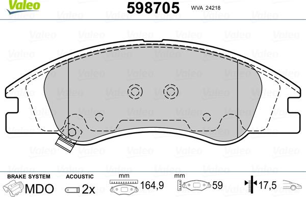 Valeo 598705 - Kit pastiglie freno, Freno a disco autozon.pro