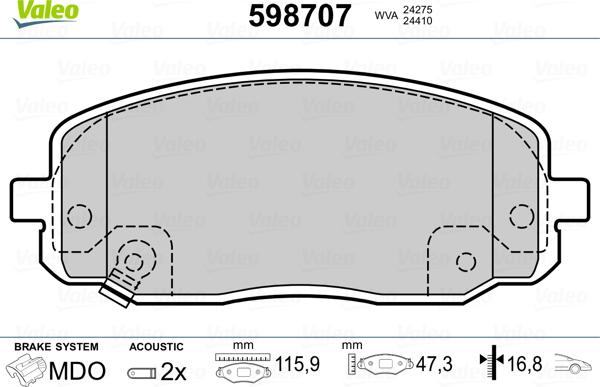 Valeo 598707 - Kit pastiglie freno, Freno a disco autozon.pro