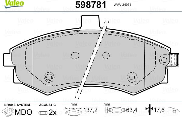 Valeo 598781 - Kit pastiglie freno, Freno a disco autozon.pro