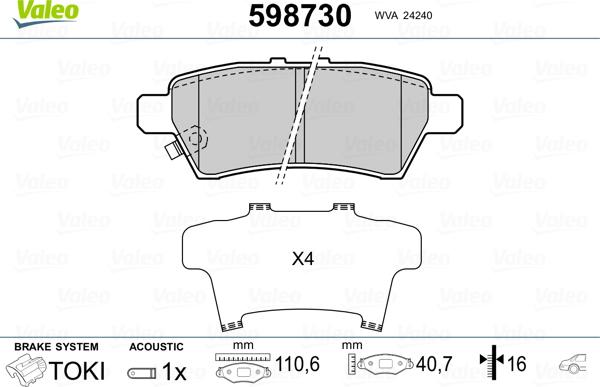 Valeo 598730 - Kit pastiglie freno, Freno a disco autozon.pro