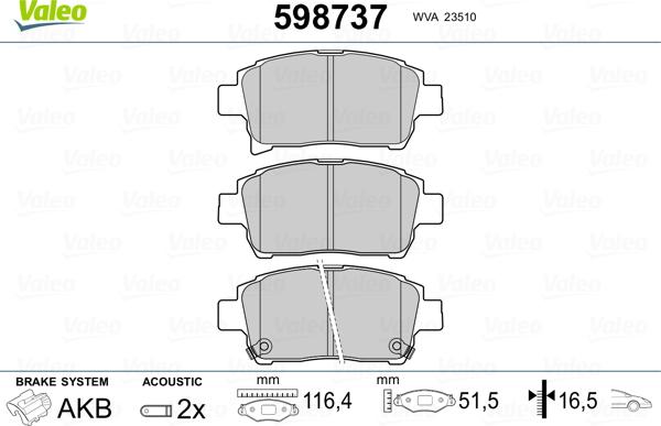 Valeo 598737 - Kit pastiglie freno, Freno a disco autozon.pro