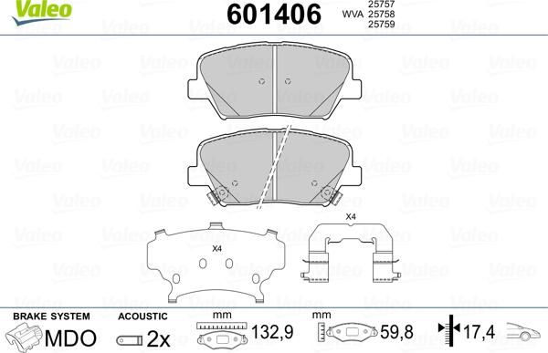 Valeo 601406 - Kit pastiglie freno, Freno a disco autozon.pro