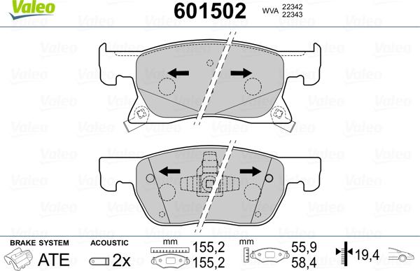 Valeo 601502 - Kit pastiglie freno, Freno a disco autozon.pro