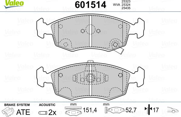 Valeo 601514 - Kit pastiglie freno, Freno a disco autozon.pro