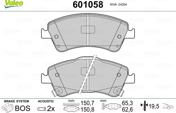 Valeo 601058 - Kit pastiglie freno, Freno a disco autozon.pro