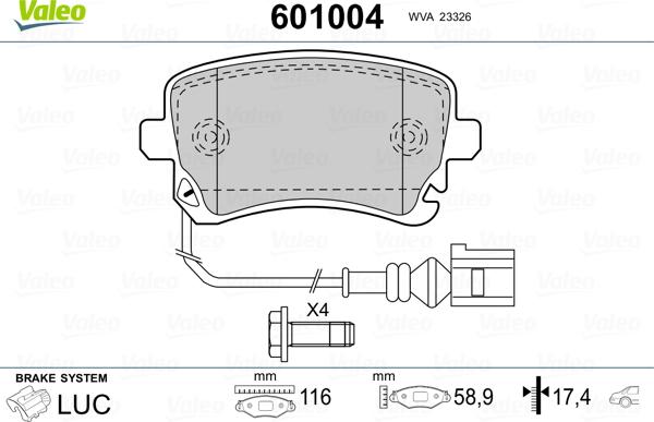 Valeo 601004 - Kit pastiglie freno, Freno a disco autozon.pro