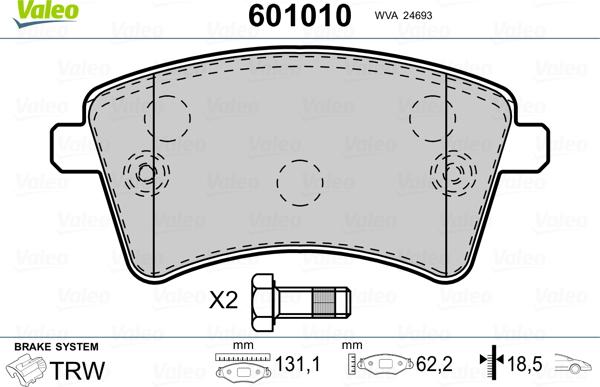 Valeo 601010 - Kit pastiglie freno, Freno a disco autozon.pro