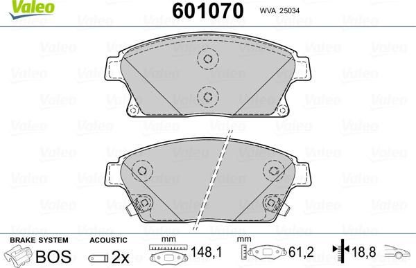 Valeo 601070 - Kit pastiglie freno, Freno a disco autozon.pro