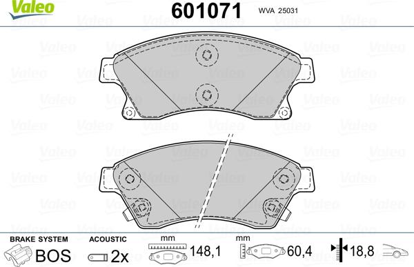 Valeo 601071 - Kit pastiglie freno, Freno a disco autozon.pro