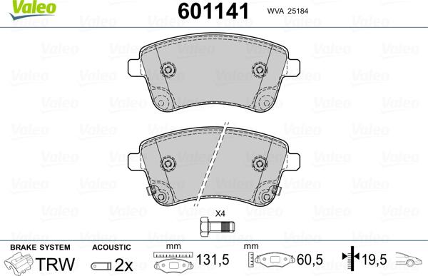 Valeo 601141 - Kit pastiglie freno, Freno a disco autozon.pro