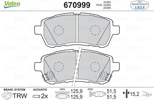 Valeo 670999 - Kit pastiglie freno, Freno a disco autozon.pro