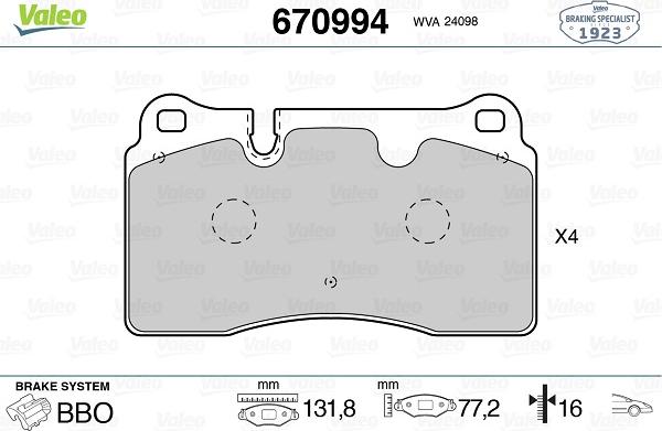 Valeo 670994 - Kit pastiglie freno, Freno a disco autozon.pro