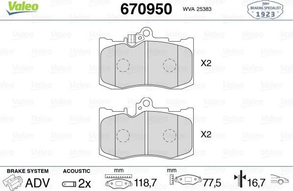 Valeo 670950 - Kit pastiglie freno, Freno a disco autozon.pro