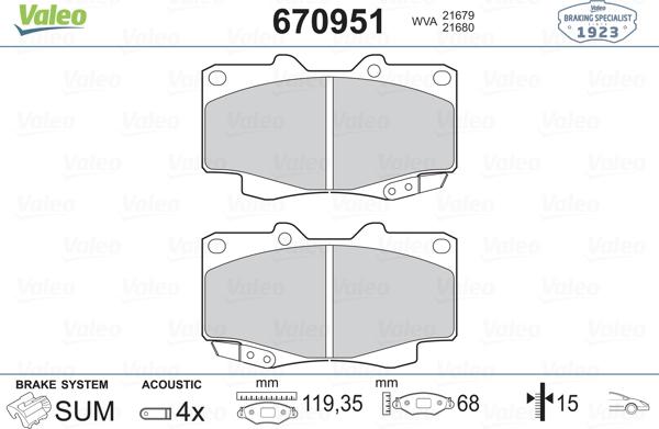 Valeo 670951 - Kit pastiglie freno, Freno a disco autozon.pro