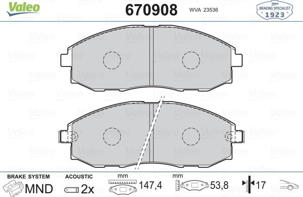 Valeo 670908 - Kit pastiglie freno, Freno a disco autozon.pro