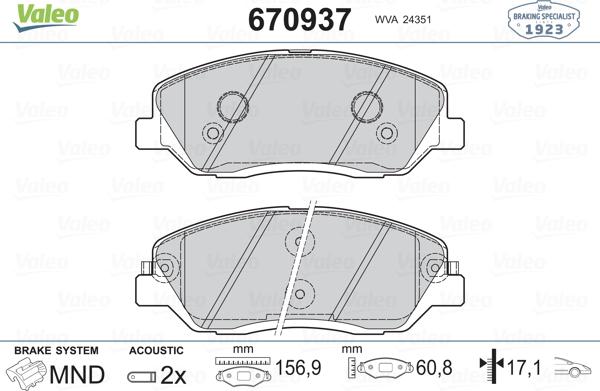 Valeo 670937 - Kit pastiglie freno, Freno a disco autozon.pro