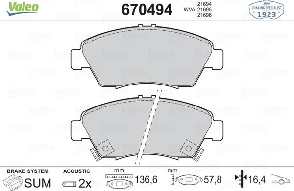 Valeo 670494 - Kit pastiglie freno, Freno a disco autozon.pro