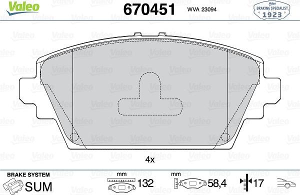 Valeo 670451 - Kit pastiglie freno, Freno a disco autozon.pro