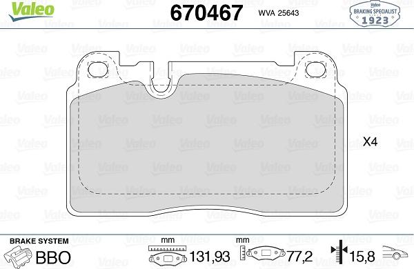 Valeo 670467 - Kit pastiglie freno, Freno a disco autozon.pro