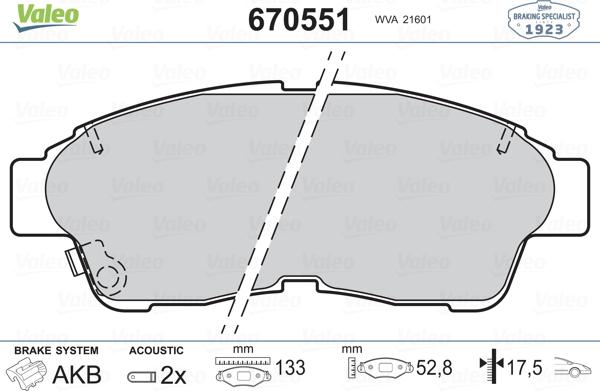 Valeo 670551 - Kit pastiglie freno, Freno a disco autozon.pro